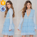 Blue Flared Ruffle Tiered V-Neck Long Sleeve Summer Dress For Manufacture Wholesale Fashion Women Apparel (TA0217D)